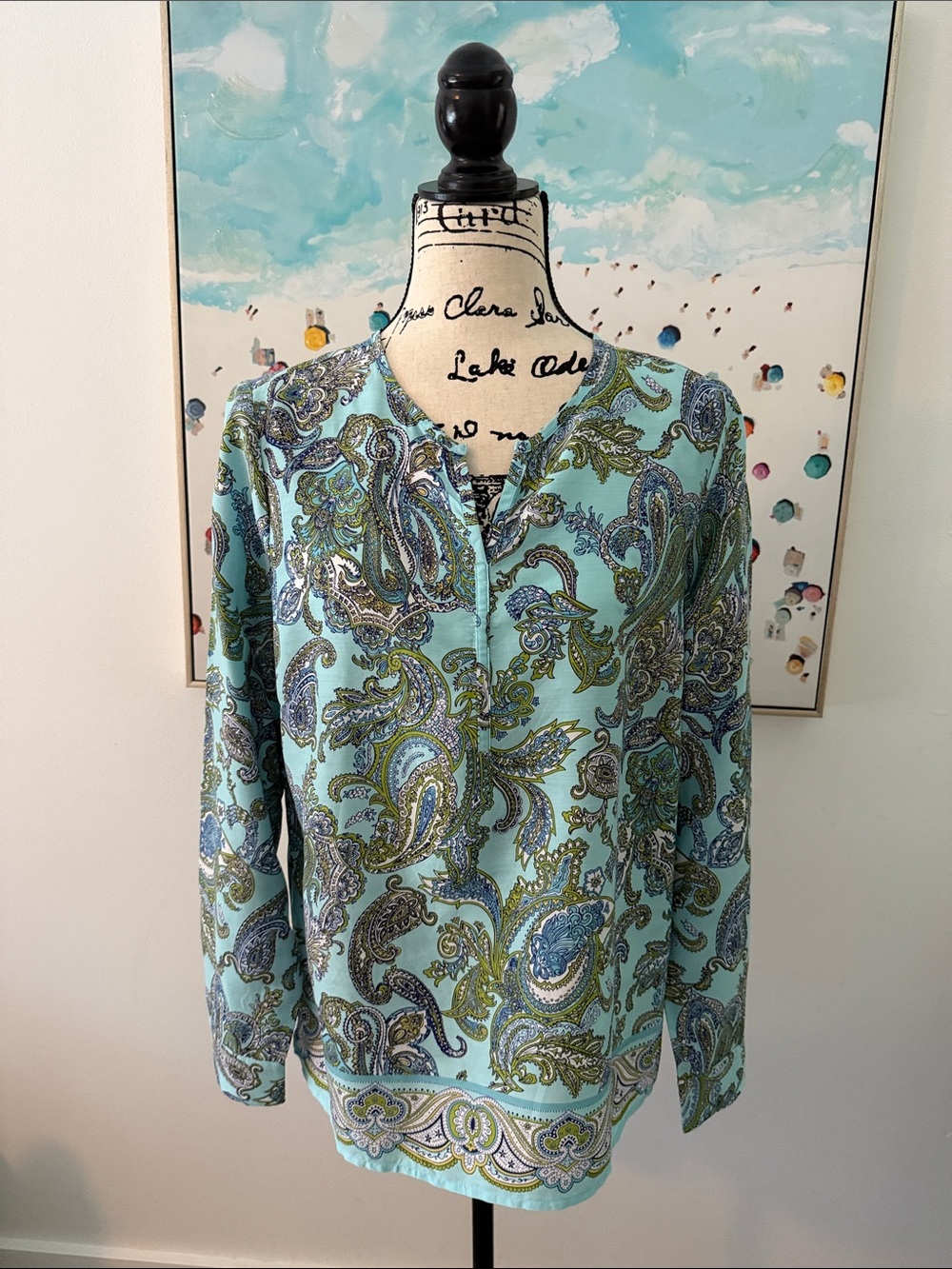 Talbots Teal Paisley Long-Sleeve Tunic Top